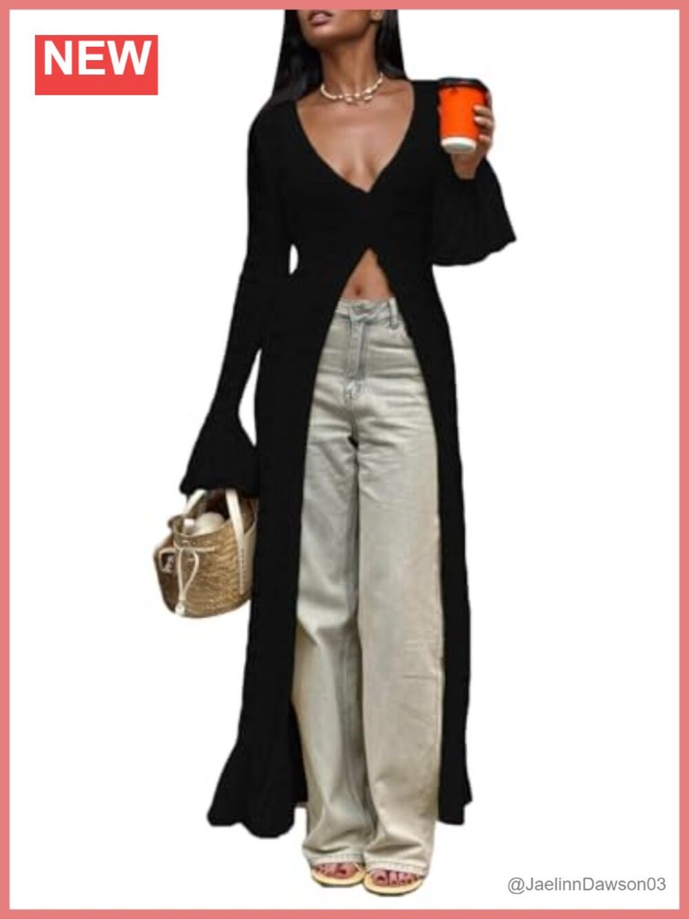 Long Crochet Cardigan Duster Ruffle Bell Sleeve Button Up Maxi Cover Up